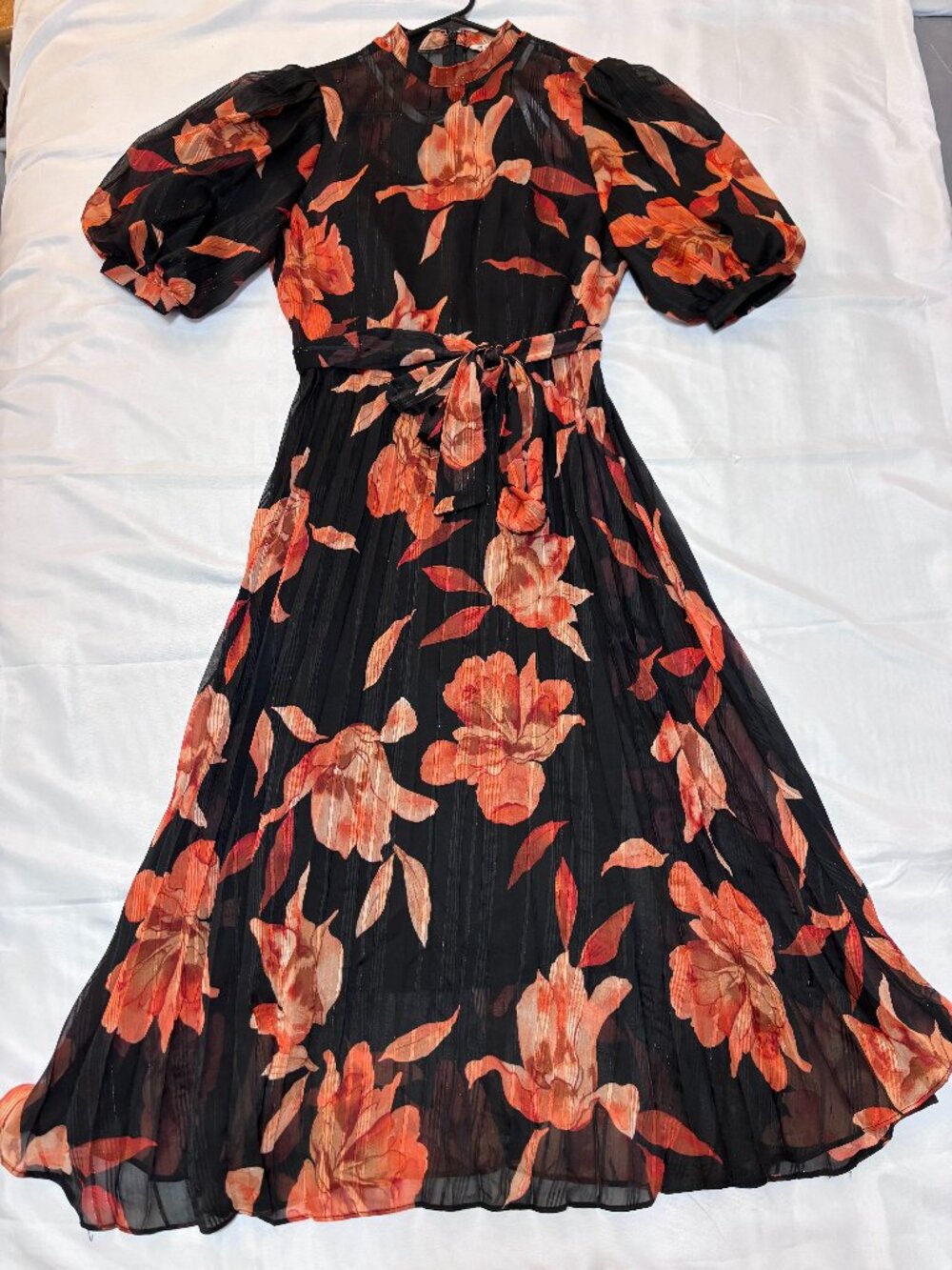 Nanette Lepore Floral Chiffon Black Puff Sleeve Midi Dress Size 4